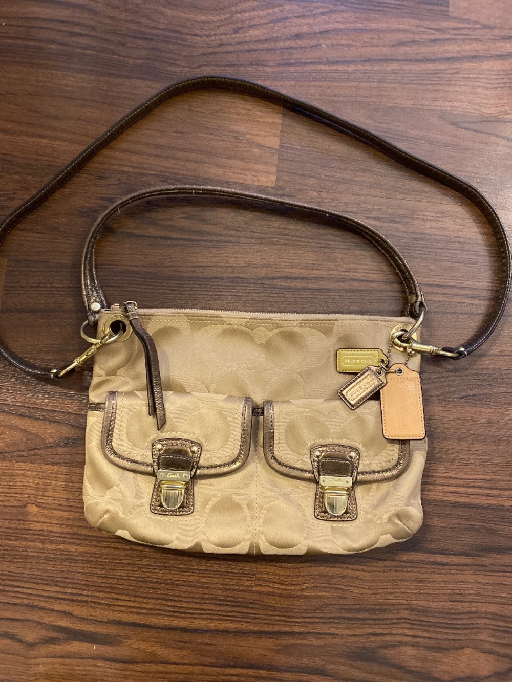 Coach Signature Logo Handbag Beige Brown Purse Zip Top Detachable Strap Pockets